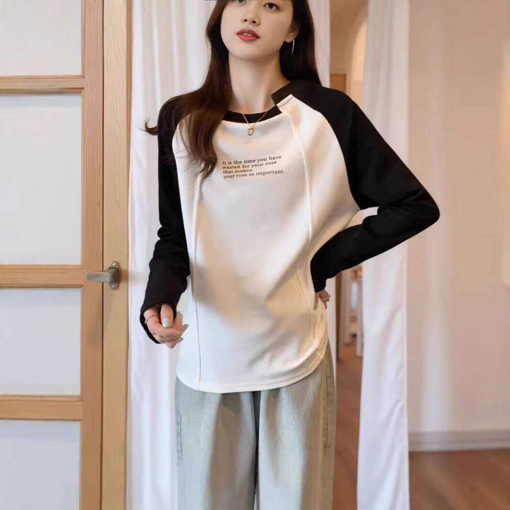 Women's Casual 100% Cotton T-Shirt Spring Autumn Long Sleeve Irregular Collar Loose Fit Color Block Design Anti-Pilling Knitted