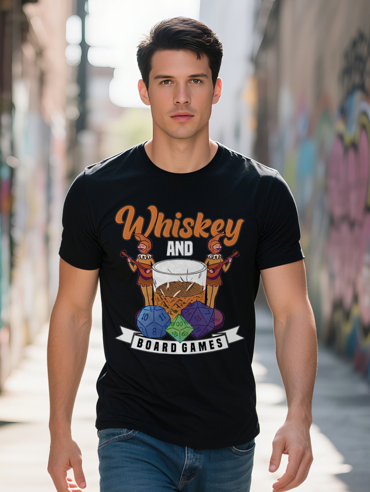 Men's Casual Versatile Round Neck T-Shirt Featuring Two Cartoon Characters Print on Whiskey Glasses a Perfect Gift for