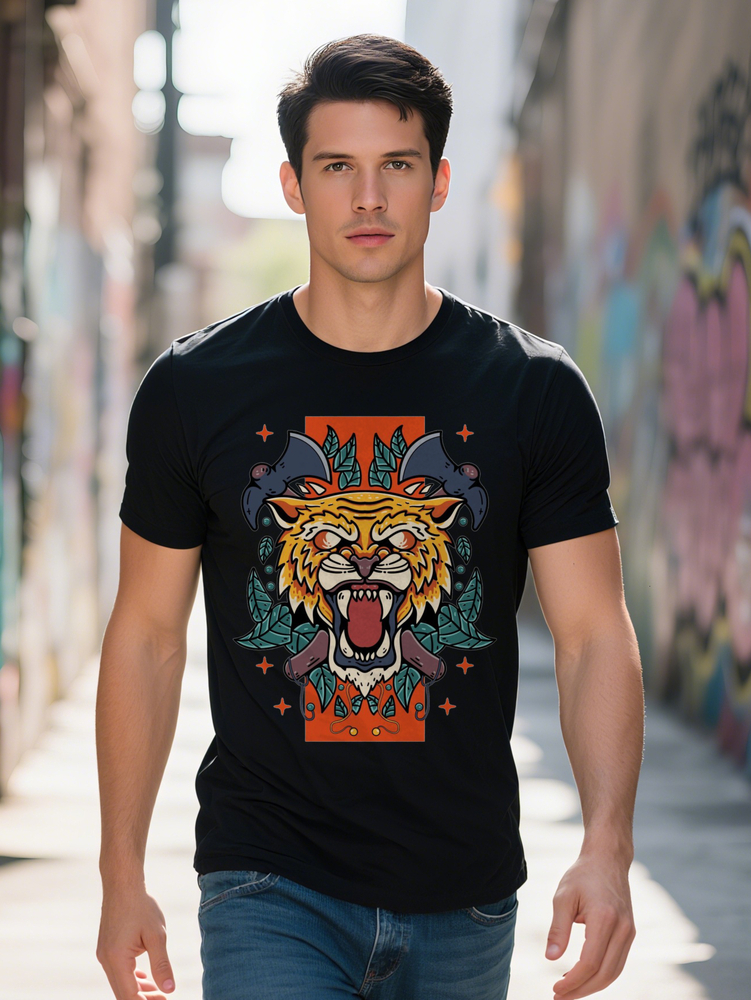 S Casual T Shirt Vibrant Tiger Head Design Black Short Sleeve Crew Neck Tee Perfect Gift for Men Summer Fashion