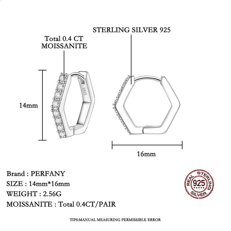 PERFANY All Hoop Earrings for Women S925 Pure Silver Hexagonal n Laboratory Diamond Fashion Jewelry 250812