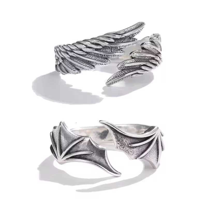 2 Pcs Vintage Angel Devil Wings Adjustable Rings for Men Women Hip Hop Retro Silver Color Couples Rings Party Gifts Jewelry W250812