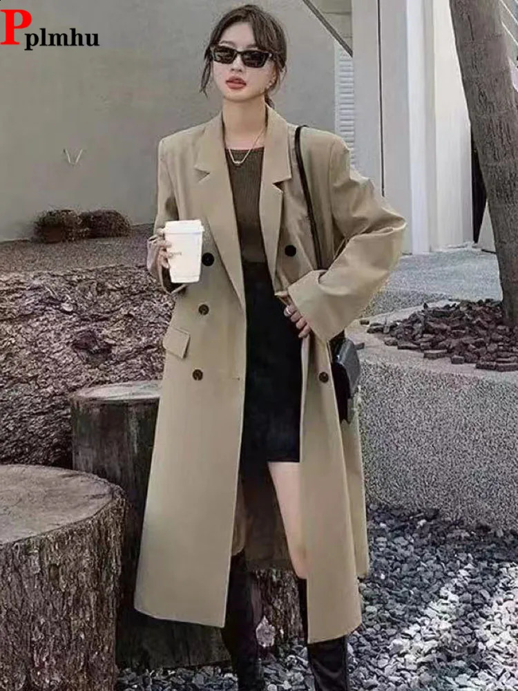 Double Breasted Long Trench Coats Fashion Elegent Woman Outerwears Windproof Abrigos Korean Loose Casaul Straight Casaco 250805