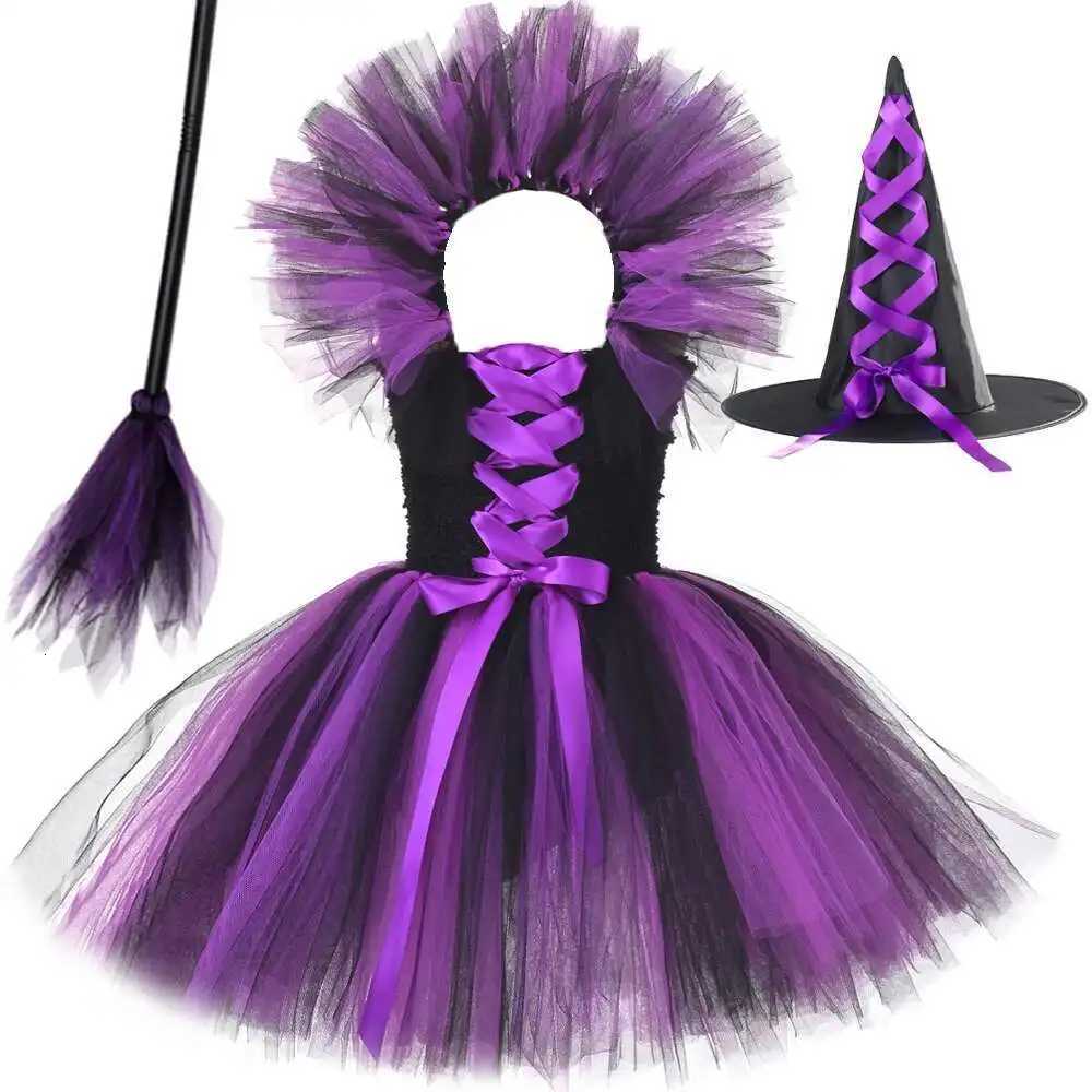 Black Purple Witch Costumes for Girls Halloween Lined Tutu Dress with Hat Broom Kids Carnival Party Witches Disguised Outfits G250812