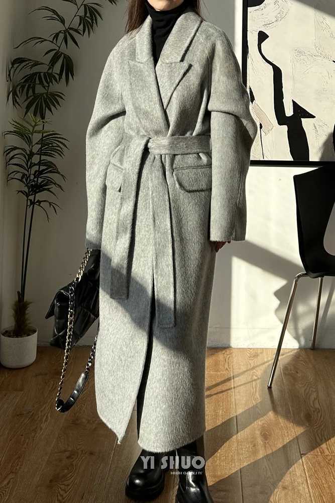 Korean Gray Double-sided Wool Cashmere Long Coat Suit Collar Lace Up Woolen Overcoat for Women in Winter and Autumn Z250813