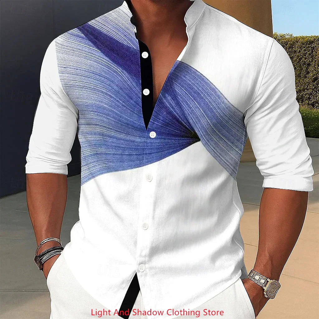 Mens stand up collar shirt geometric printed single breasted street fashion long sleeved mens clothing 250808