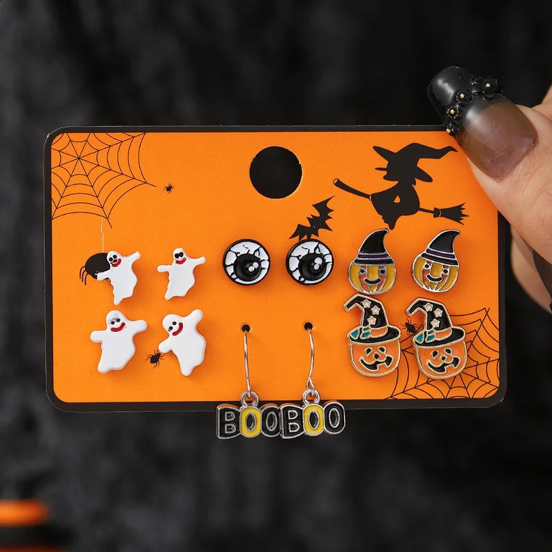 6pcs Earrings Set Halloween Earrings For Women Fashion Creative Jewelry Bat Ghost Pumpkin Black Cat Stud Earrings 250812