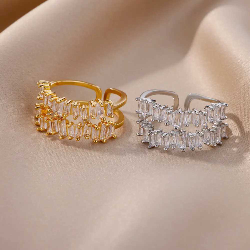 Double Layer Zircon Rings for Women Adjustable Gold Plated Stainless Steel Ring 2023 Trending Wedding Aesthetic Jewelry Earrings W250812