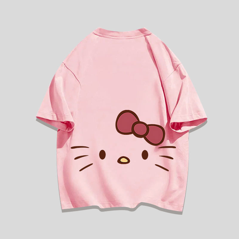 Women's Cotton Tee with Cartoon Cat Print - Summer Loose Fit T-Shirt Fashionable and versatile