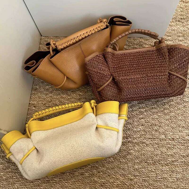 Brown Leather Braided Handbag Niche Exquisite Versatile Pleated Shoulder Women's Fashion Brand Solid Color Bucket Bag