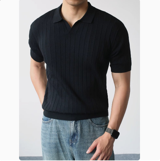 Old Money Style Textured Knit Short Wide Fit Polo Shirt Small V-Neck Short Sleeve Mens Polo Shirt 250813