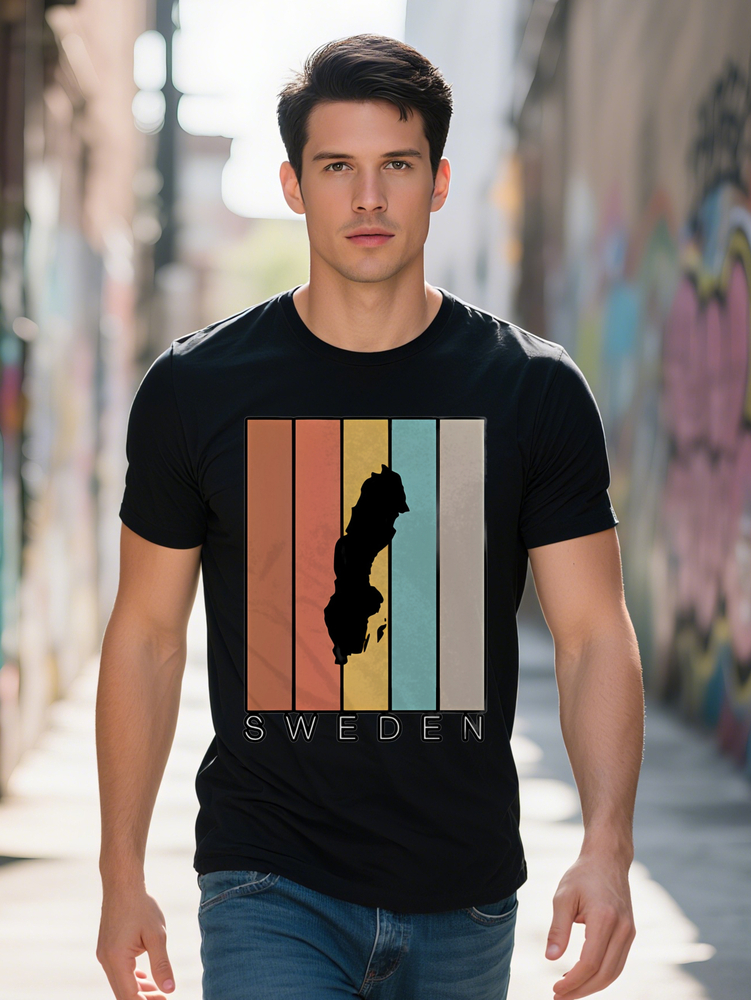 Men S Casual Crew Neck T-Shirt with Silhouette Colorful Vertical Stripes Black Soft Fabric Perfect for Summer