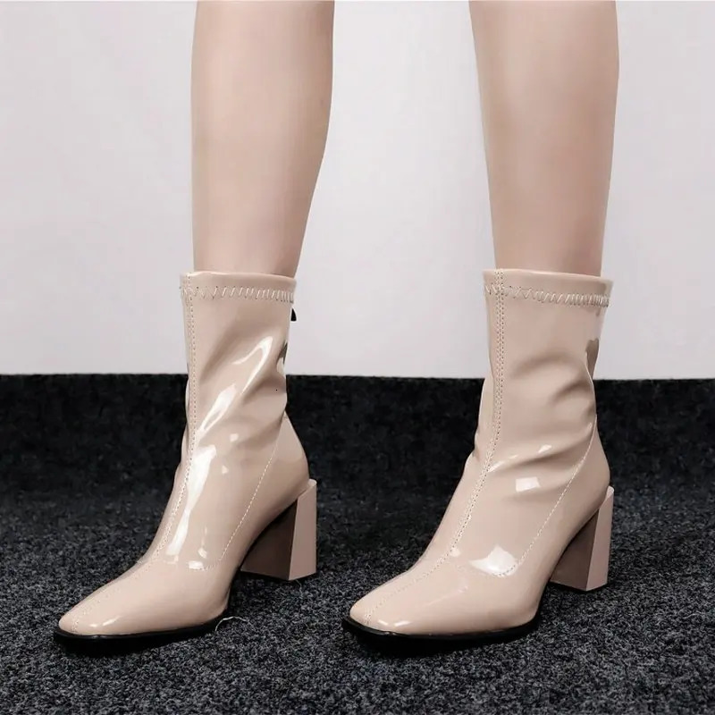 black boots patent PU leather glossy stretch booties red beige square toe block high heels winter boots women size 34-43 250812