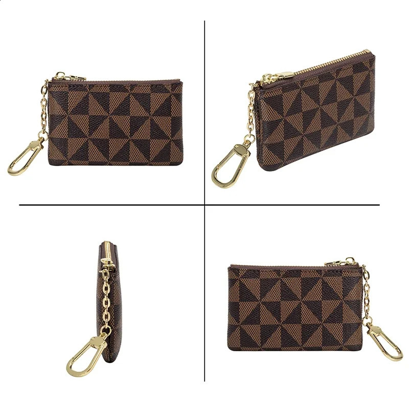 Key Storage Bag with Chain Women Mini Coin Purse Plaid Leather Small Zipper Wallet Ladies Keychain Trendy 250812 Y260206