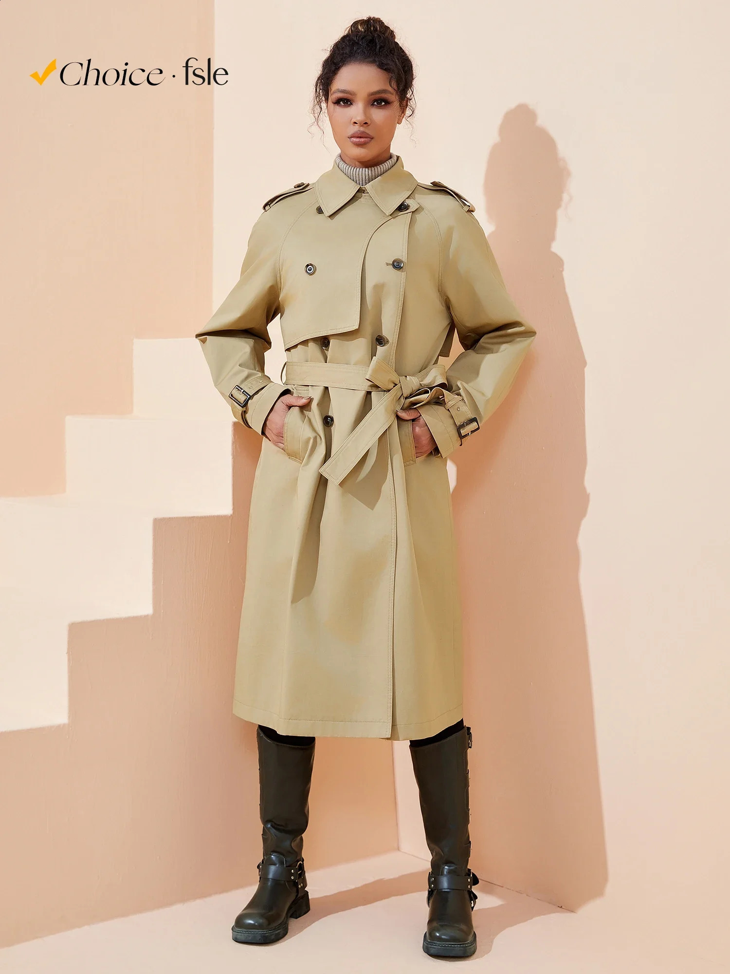 FSLE 2025 Women Trench Khaki Spring Autumn Long Jacket Coat Turn Down Collar Full Sleeve 100% Cotton Women Oversized Trench 250811
