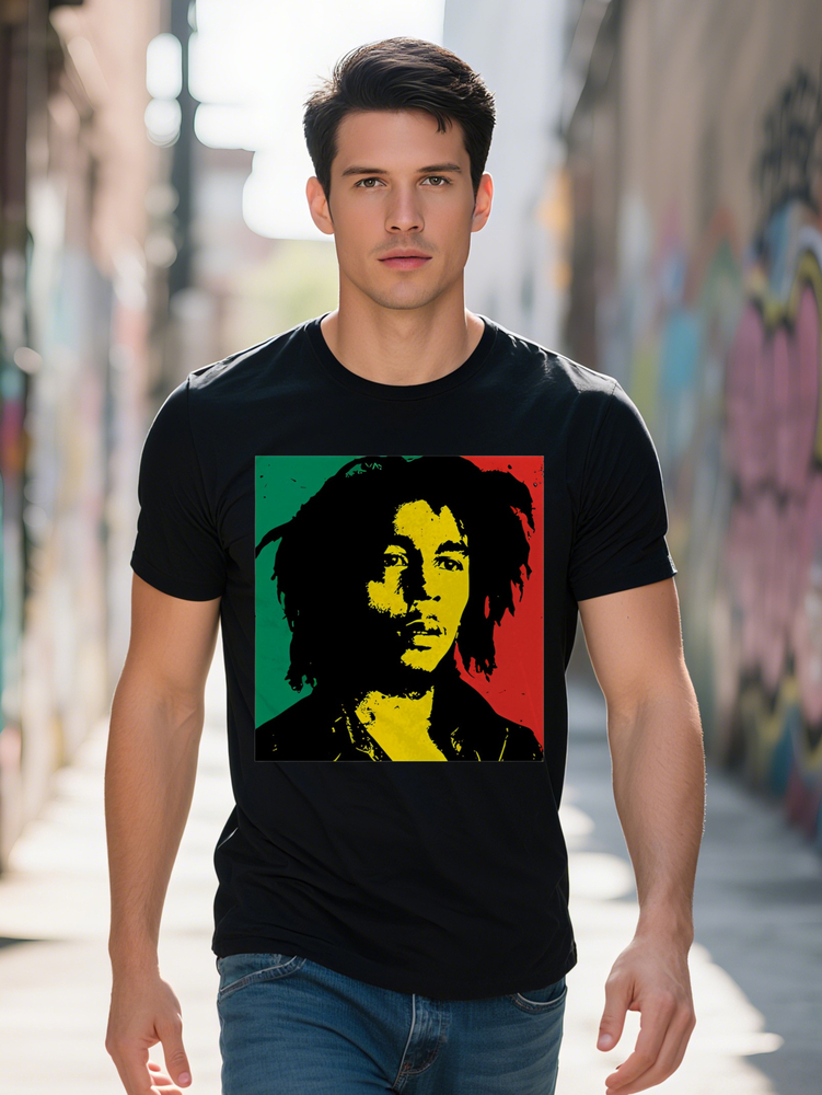 Men s Casual Graphic T-Shirt with Green Red Yellow Striped Portrait Print Round Neck Summer Tee Regular Fit Stylish