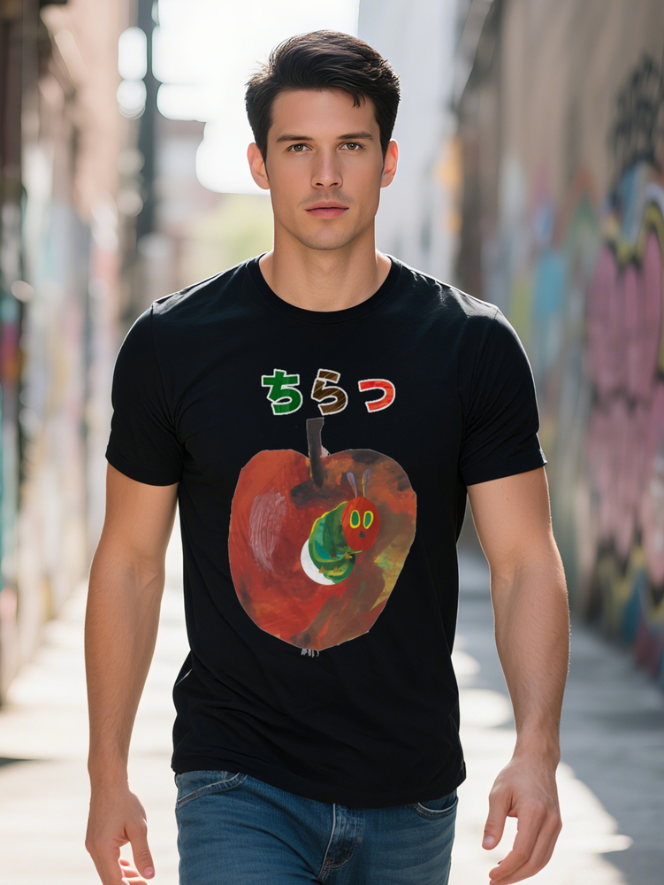 S Casual Round Neck T-Shirt with Whimsical Apple Black Short Sleeve Summer Style Perfect Gift for Men Everyday