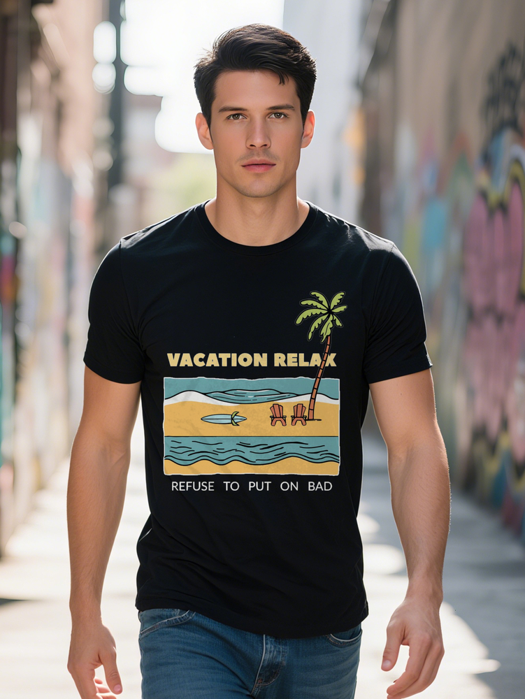 Men S Vacation Relax Graphic T-Shirt Black Casual Crew Neck Tee with Palm Tree Beach Design Perfect Summer Great