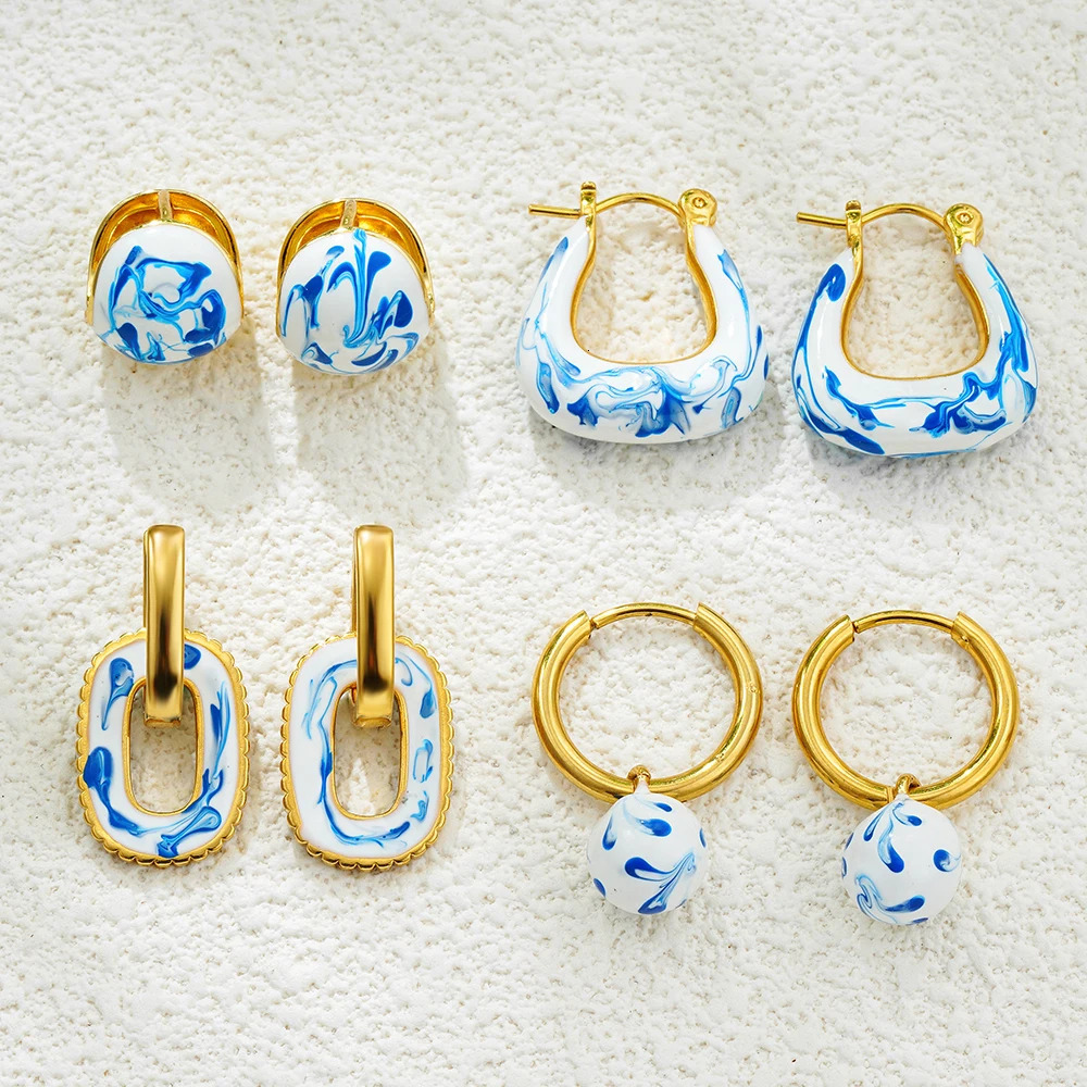 Fashion White and Blue Enamel Flower Round Beads Hoop Earrings for Women Geometric Gold Plated Stainless Steel Huggie Hoops 250812