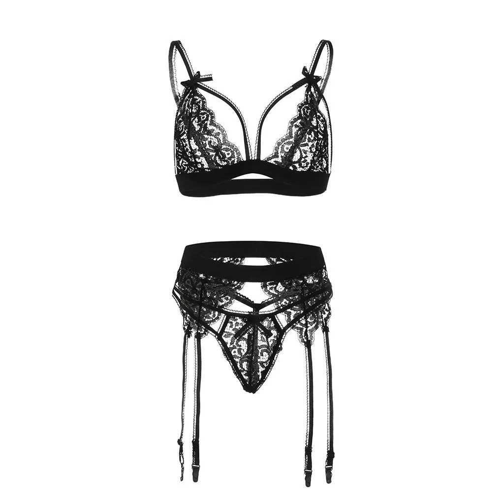 Leechee Sexy Womens Underwear Floral Lace Lingerie Set With Garter Black Wire Free Brassiere Transparent Underwear Bra SetsXJ250812