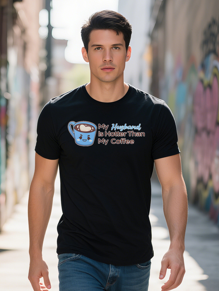 Men s Casual Graphic T Shirt Black Humorous Lover Design with Husband Is Hotter Than My Coffee Slogan Blue Mug
