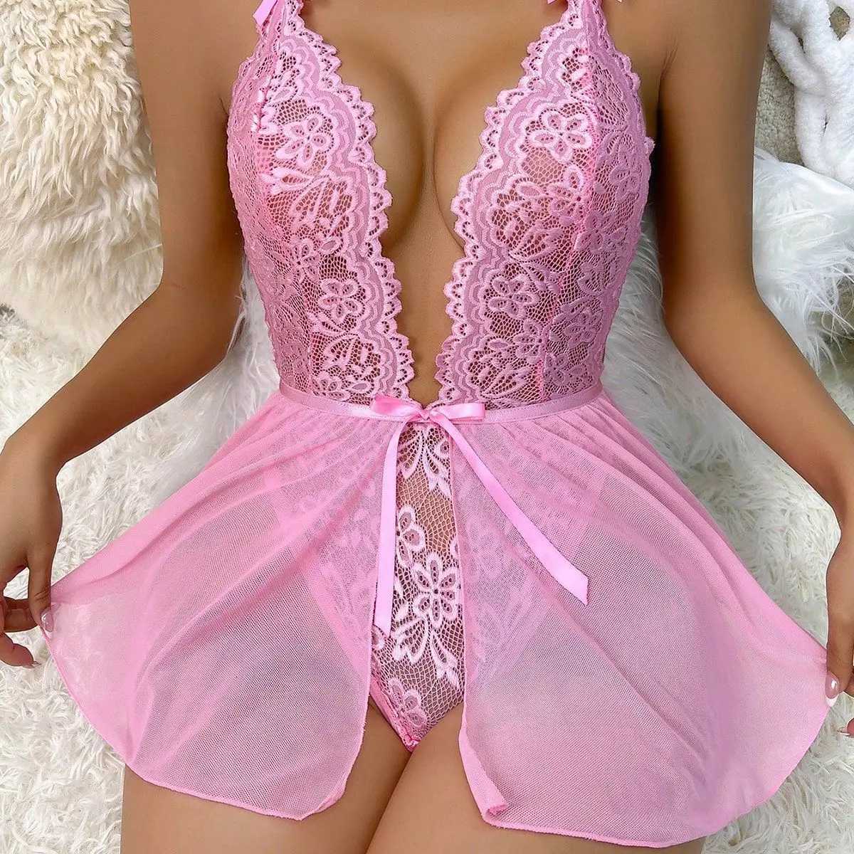 Sexy Open Bodysuit Underwear For Women Lace Perspective Night Skirt Sex Costumes Erotic Lingerie Corsets bra and panty setXJ250812