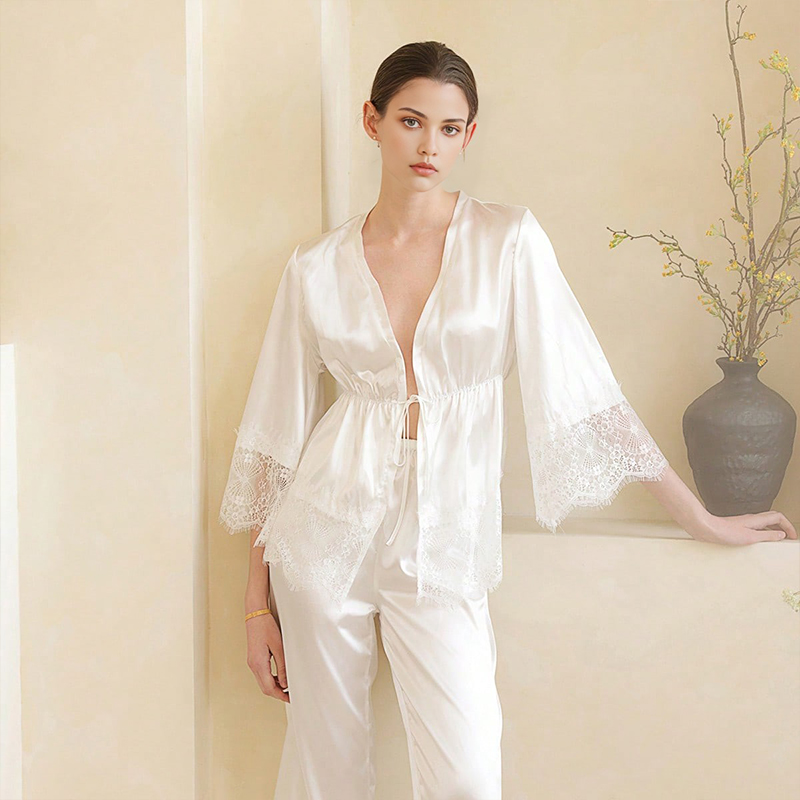 2025 New Women's Spring and Autumn Silk Color Dungaree Lace Patchwork Tie-up Long Sleeve Long Pants Pajama Set Homewear