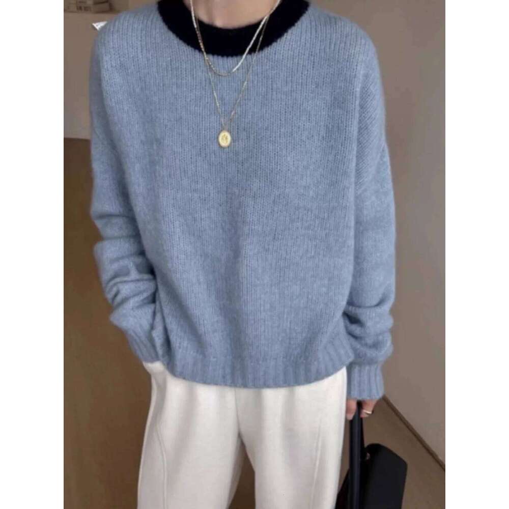 Matching Color Round Neck Pure Cashmere Women's Autumn And Winter Loose Thickened Knitted Wool Base Short Sweater 250813