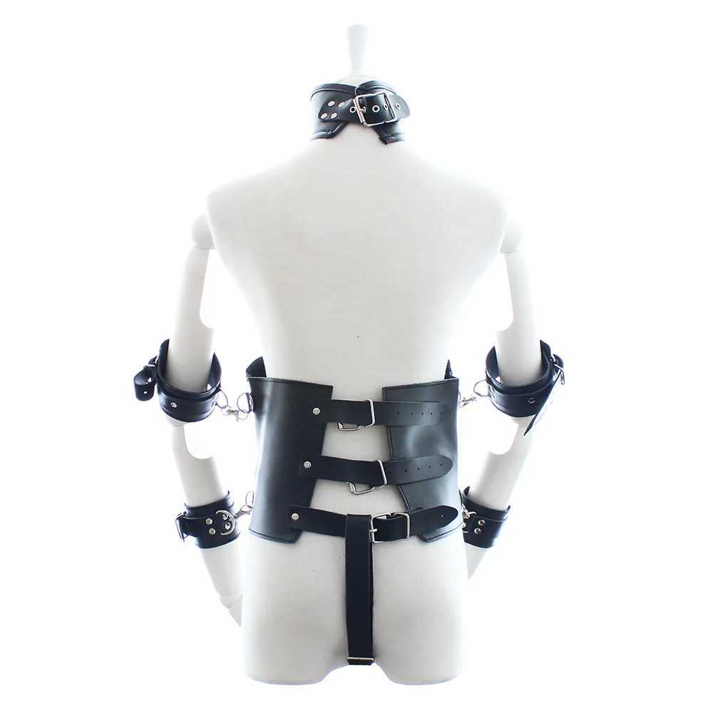 BDSM Leather Waist Cincher Underbust Corset with Attached Collar and Arm Restraint Fetish Costume Sex Toys for Women W250813