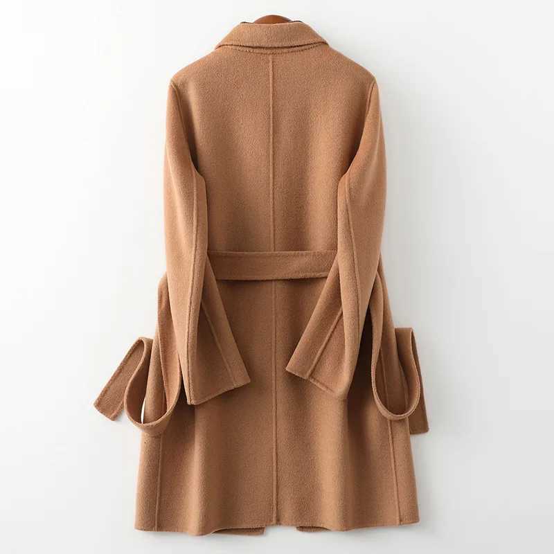 100% Wool Coats for Women Autumn Turn Down Collar Midi Length Coats Women Woolen Coat with Belt Womens Jacket Tops Z250813