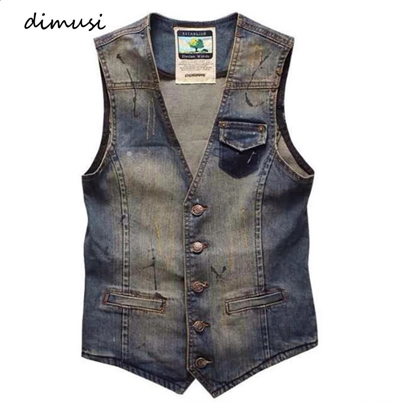 Mens Denim Vest Jeans Men Cowboy Vintage Casual Sleeveless Jacket Holes Personalized Cardigan Overcoats Clothing 250805