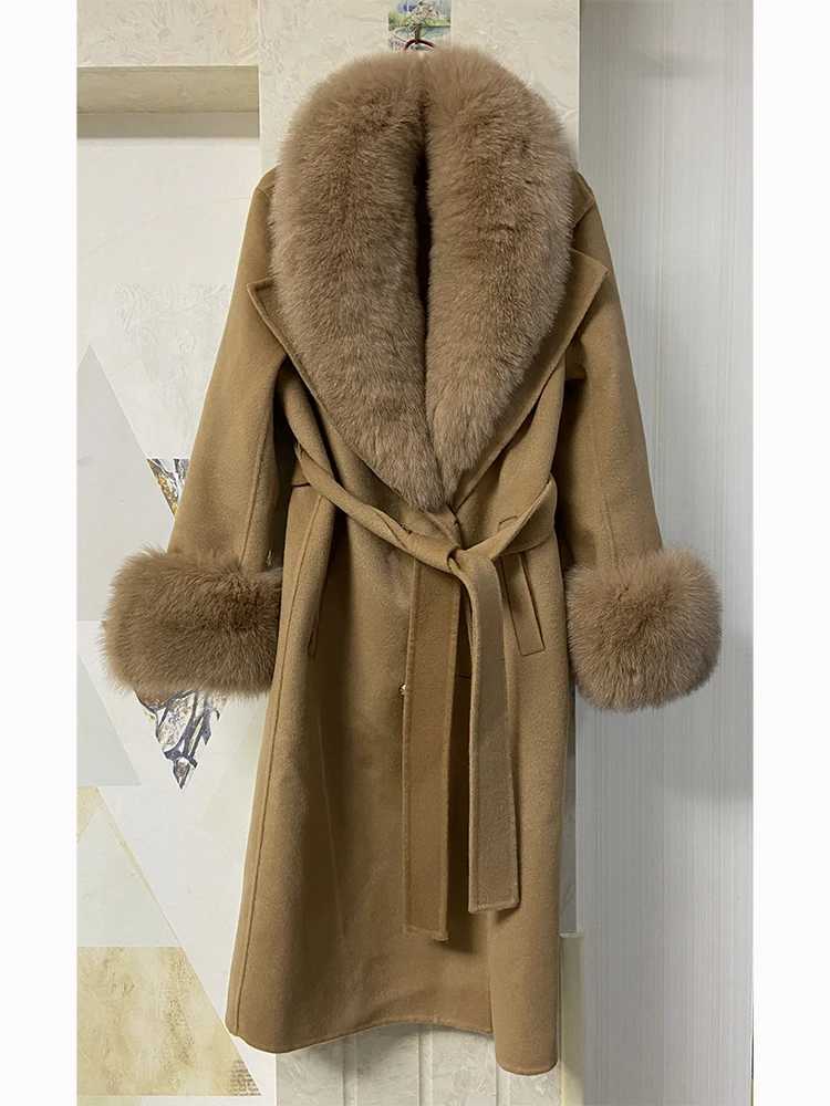 New Arrival Classic Winter Female Ladys Woolen Real Fur Collar and Cuff Ladys Woolen Slim Belt Long Woolen Coat Z250813