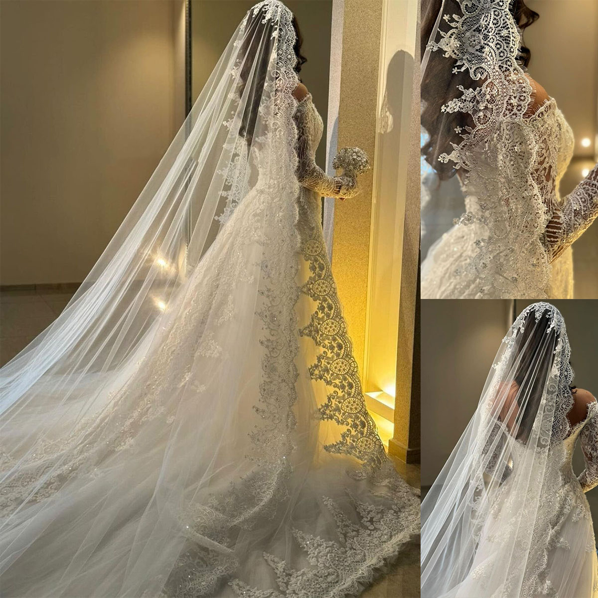 Vintage Sequined Lace Wedding Veil Cathedral White Ivory Floral Applique Edge Bridal Veils Tulle 1 Tier With Comb Bride Accessories Custom Made