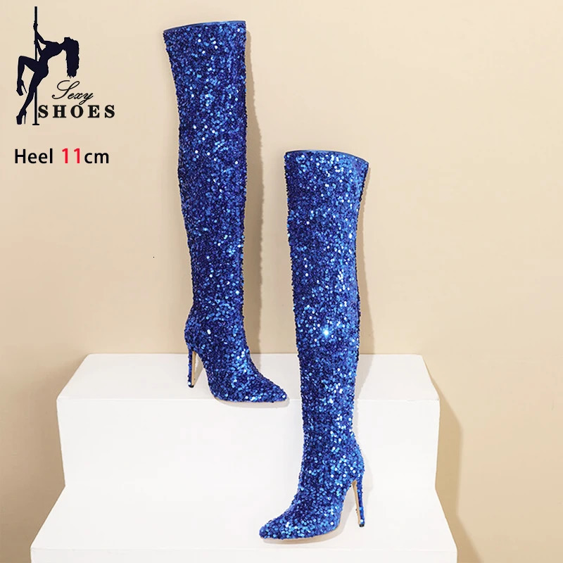 Shoes For Women Shiny Sequin Boots Over-the-Knee Boots Spring Autumn Zip Pointed Toe Zipper Stripper Heels Long Boots 250812