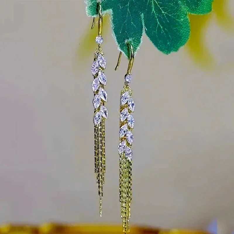 2024 Trend Long Zircon Wheat Ear Tassel Gold Color Earrings for Women Exquisite Elegant Girls Wedding Party Premium Jewelry Gift Y250812