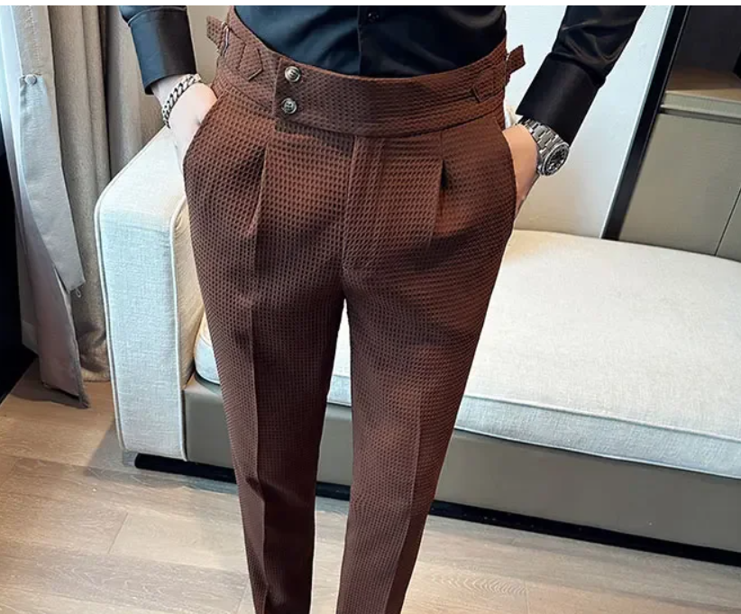 Top Brand Men Fashion Pantalones Hombre High Waist Waffle Business Casual Suit Pants Male Clothing Slim Fit Formal Wear Trousers