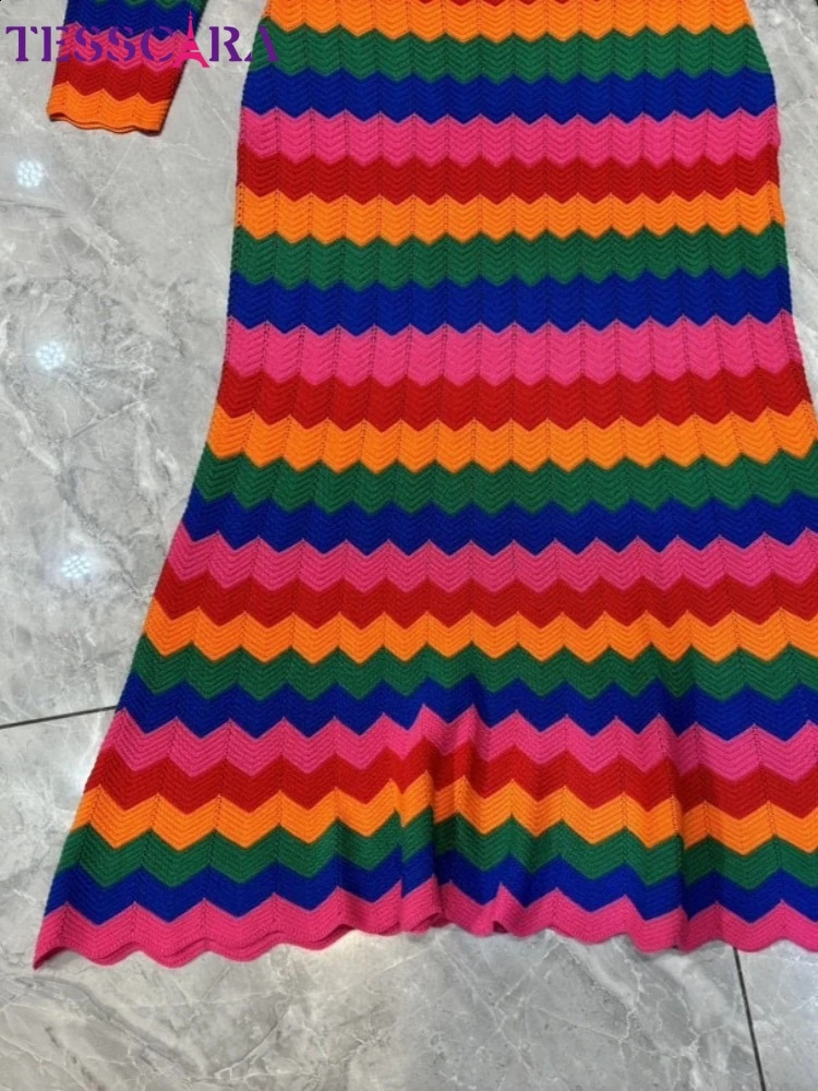 TESSCARA Women Autumn Winter Long Elegant Dress High Quality Cocktail Party Vintage Trumpet er Knitted Sweater Vestidos 250806