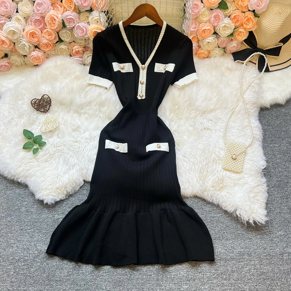 YuooMuoo Chic Fashion Sexy Package Hips Knitted Mini Dress Summer Elegant V-neck Ruffled Party Dress Streetwear Vestidos 250806