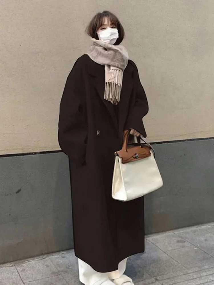 Warm Mid Length Loose Wool Blend Coat Korean Women New Unlined Overcoat Fall Winter Solid Double Breasted Parka Jacket Z250813