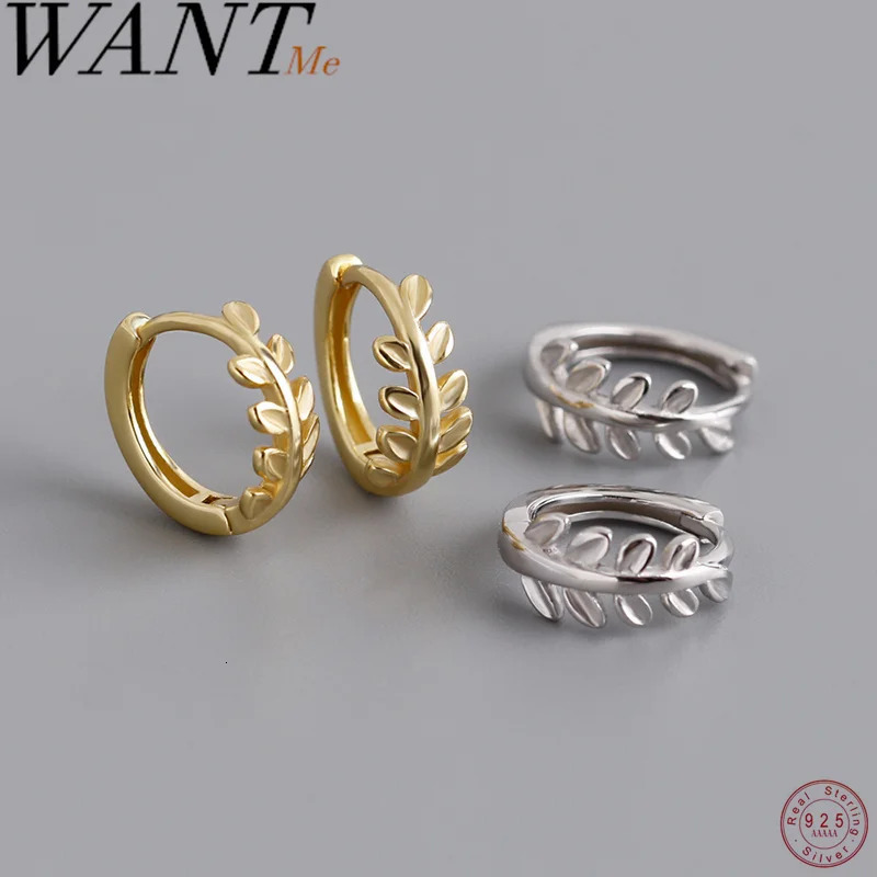WANTME 925 Sterling Silver Simple Fashion Leaf Hoop Earring for Women Classic Charm Plated 18k Gold Jewelry Ear Buckle 250812