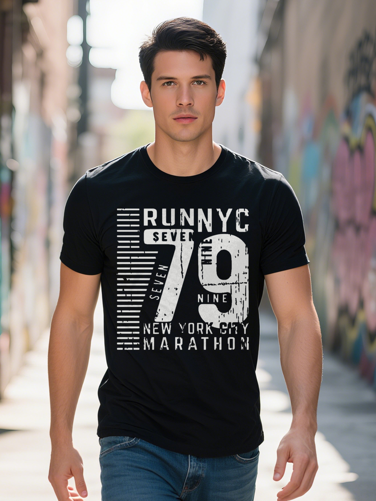 Men S Casual Black T-Shirt with White Distressed Print RUNNYC Marathon Graphic Soft Comfortable Round Neck