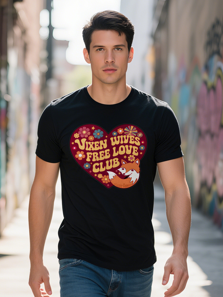 Men s Casual Short Sleeve T Shirt Black Top with Vibrant Heart Shaped Floral Vixen Wives Free Love Club Graphic