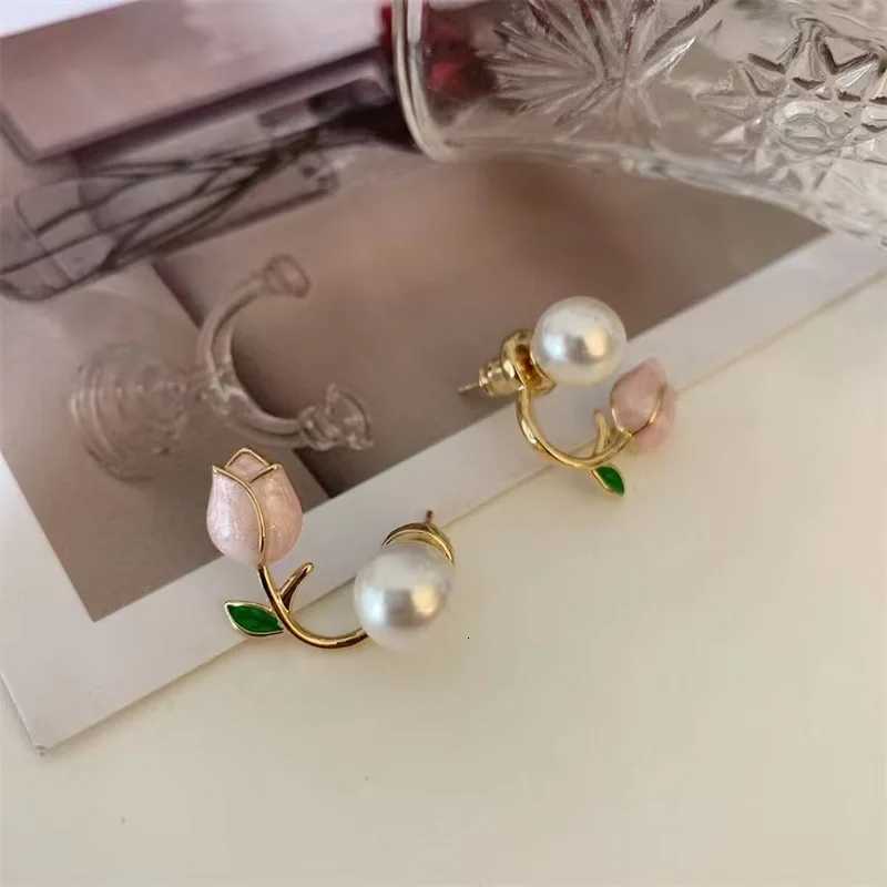 French Light Luxury Pink Tulip Flower Pearl Stud Earrings For Women Korean Zircon Exquisite Earring Party Christmas Jewelry Gift Y250812