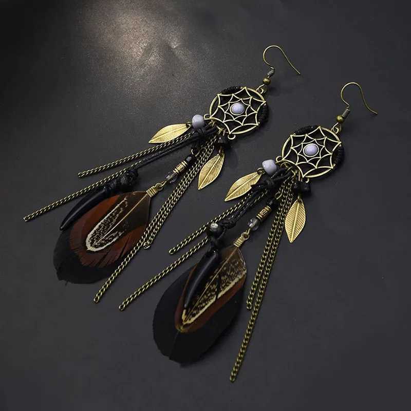 Boho Ethnic Dream Catcher Feather Antique Long Hook Earrings Fancy Handmade Chain Tassle Earring For Women Jewelry Y250812