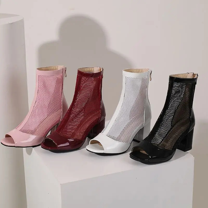 Kcenid Spring Summer Boots Ladies Peep Toe Chunky High Heel Shoes Zipper Fashion Mesh Comfortable Ankle Boots Plus Size 43 250812