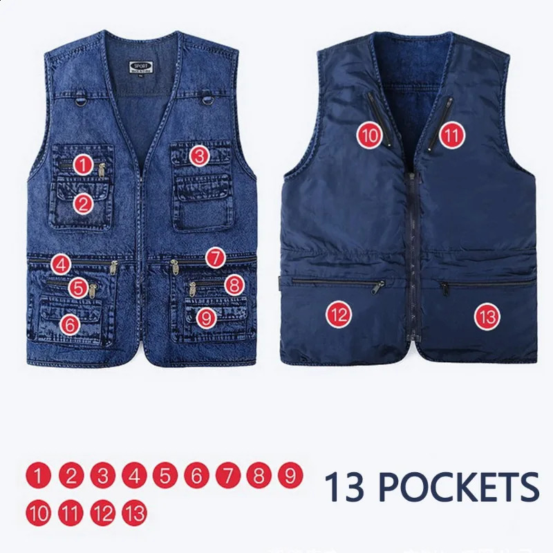 Mens Vest Coat Dark Bluemultipocket Vneck Fishing Sleeveless Truck Driver Bicycle Denim Jacket Mountaineering 250805