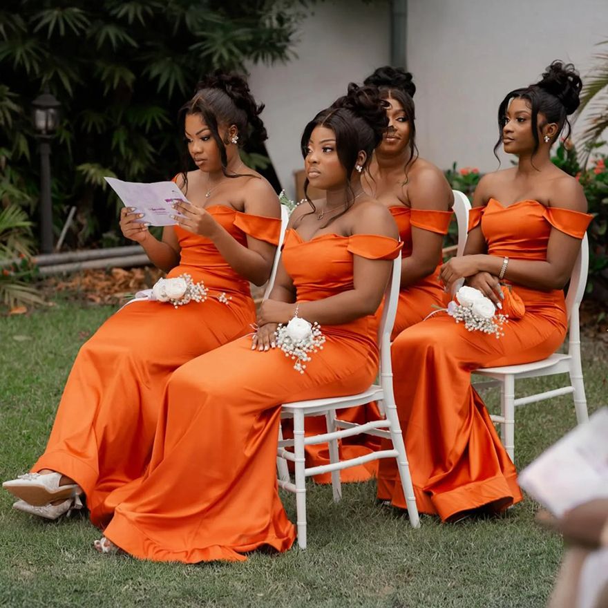 2025 South African Orange Junior Bridesmaid Mermaid Elastic Satin Sweep Train Maid Of Honor Dresses Bride Gowns For Nigeria Black Women Girls Marriage