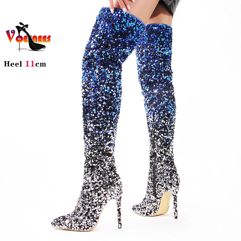 Shoes For Women Shiny Gradient Sequin Stretch Boots 11CM Over-the-Knee Boots Spring/Autumn Pointed Toe Zipper Long Boots 250812