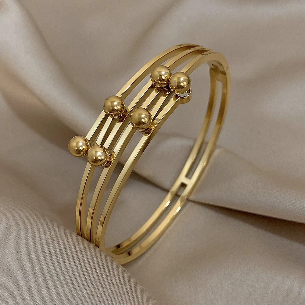 Fashion Multilayer Metal Ball Wrap Cuff Bracelet Bangle for Women Chunky Gold Plated Stainless Steel Bracelet Waterproof Jewelry 250812