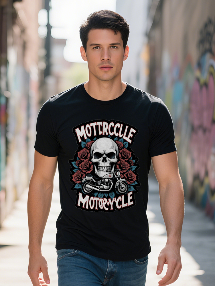 Men's Casual Short Sleeve T-Shirt Vintage Skull and Motorcycle Graphic Knit Fabric Round Neck Summer Fashion ccf39