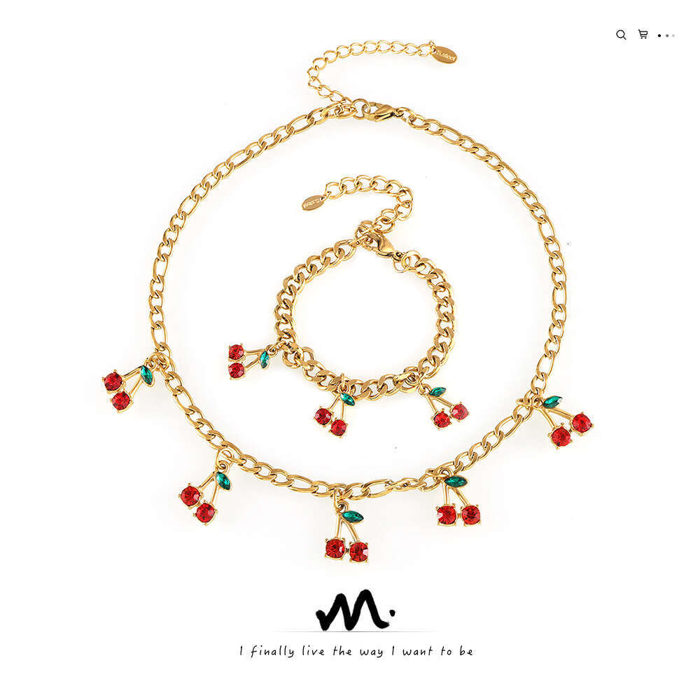 Fashionable and Elegant Glass Stone Red Cherry Jewelry Set Trendy Accessories Simple Necklace Bracelet